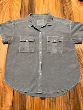 Lucky Brand Short Sleeve Button-Up Women’s Shirt Olive Gray, Cotton/Linen, Med